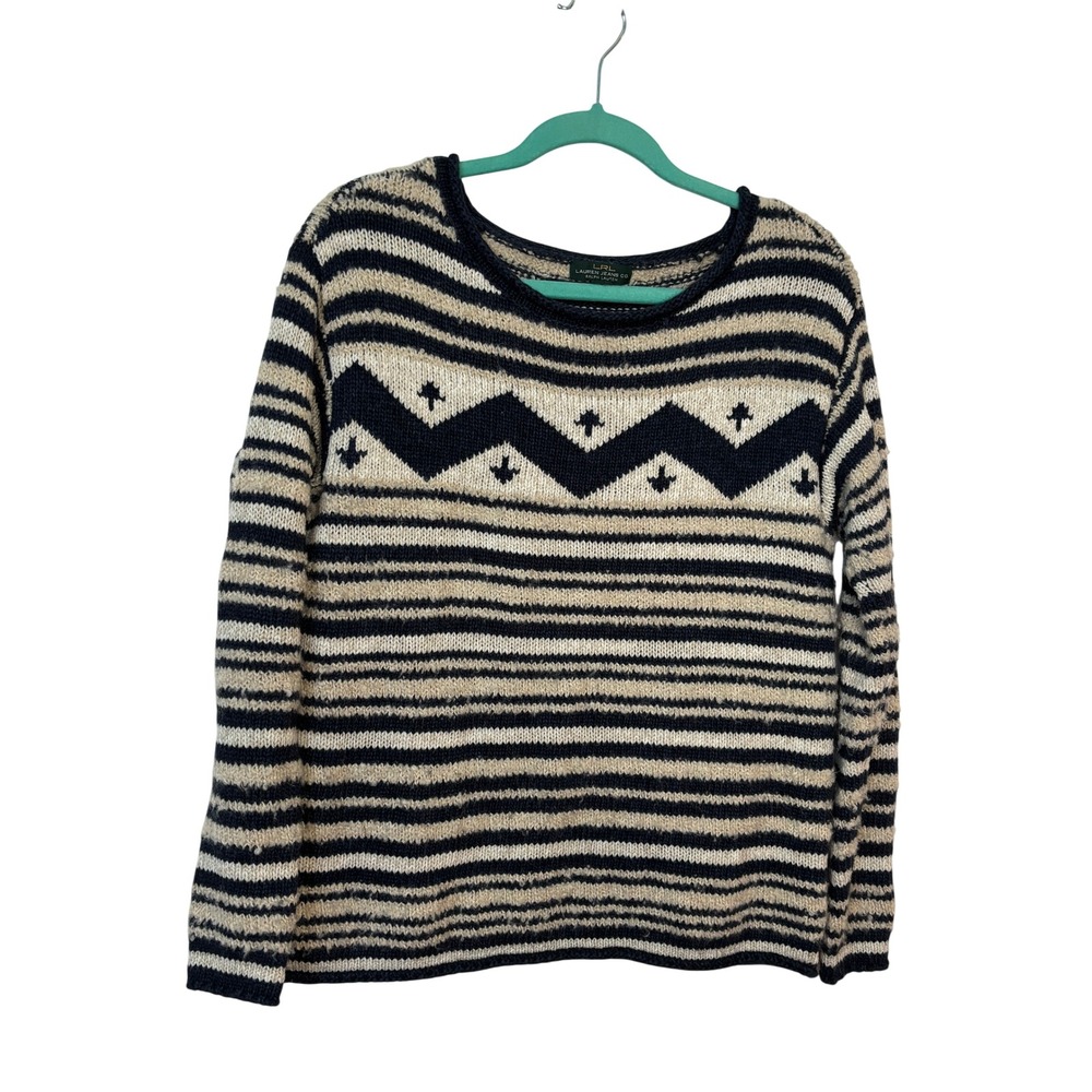 Lauren Jeans Co Ralph Lauren Navy Cream Striped Chevron Knit Sweater Womens M